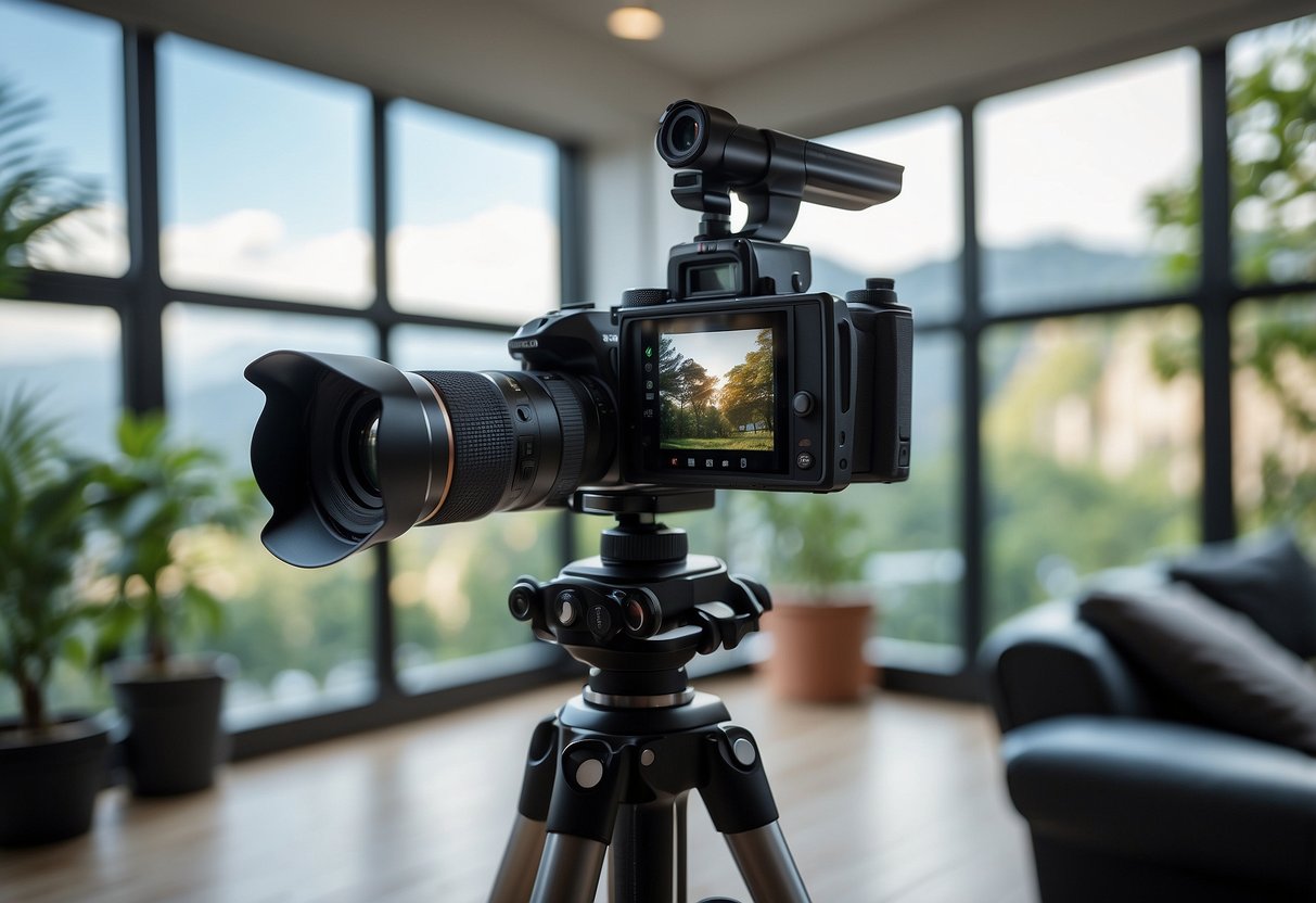 A camera sits on a sturdy tripod, pointed towards a well-lit living room with high ceilings and large windows. The camera specifications are visible on a nearby screen